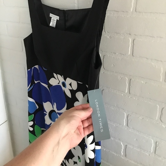 NWT London Times Mini Dress Black/Kelly Green/Blue Mod floral Retro Size 14 - Picture 4 of 11